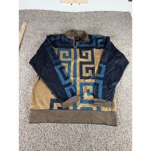 Royal Prestige Mens Quarter Zip Sweater Greek Key Geometric Blue Tan Large